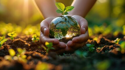 Poster - A person holding a globe with plants growing out of it, AI