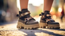 Closeup Of A Trendy Pair Of Chunky Platform Sandals, Dusted With City Grime And Styled With Ankle Socks.