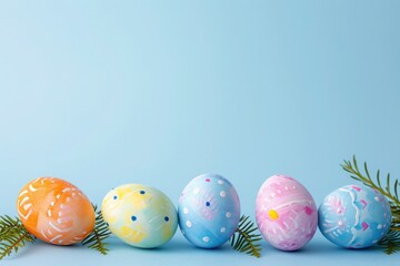 Wall Mural - Vibrant and creative, these decorative Easter eggs, set against a festive blue background, invite a celebration of Easter crafts and customs, banner