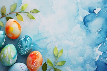 Wall Mural - Easter eggs with watercolor art, each with a distinctive design, provide a colorful and ornate element to spring holiday decorations