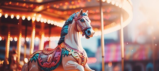 Vibrant carousel in motion  close up of colorful carousel with lively details under dynamic lighting