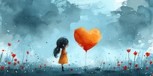 A Painting Of A Girl Holding A Heart Shaped Balloon, Birthday Greeting Card Design.
