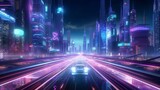 Fototapeta Londyn - Retro-futuristic 80s style drive in neon city. Cyberpunk sunset landscape with a moving car on a highway road. Neural network AI generated art