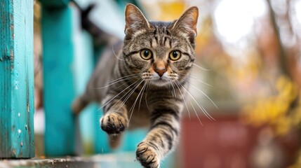 Sticker - A cat jumping over a wooden fence with green leaves, AI