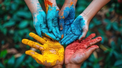 Wall Mural - A group of people with their hands painted in different colors, AI