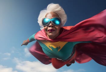 Old senior woman in a hero cape flying through air in superhero pose, confident and happy, international women power concept, blue sky, city air view 