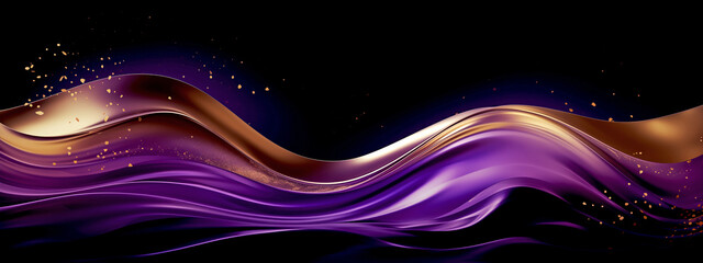 Wall Mural - Golden Flowing Wave with Golden Splashes on Purple Background