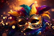 Luxury Carnival Masks In A Magnificent Fusion Of Elegance And Exuberance Adorned With Colorful Feathers. Masks Of Refined Craftsmanship In An Explosion Of Vivid Colors.