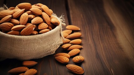 Wall Mural - Almond nuts in a bag on a wooden background