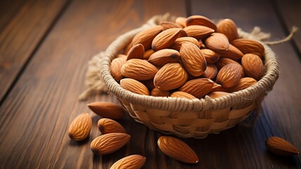 Wall Mural - Almonds in basket on brown wooden background