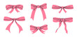 © Torontotokio - Pink silk bows. Hand drawn bows for gift box, Birthday gifts pink ribbon decorations flat vector illustration set. Holidays bow decor