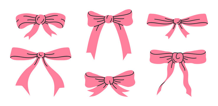 pink silk bows. hand drawn bows for gift box, birthday gifts pink ribbon decorations flat vector ill