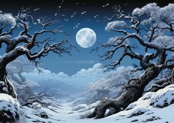 Winter Moonlight Scene with Snowy Valley and Bare Trees