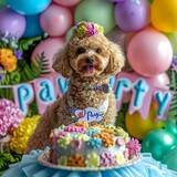 Fototapeta  - Adorable dog's happy birthday party, cute poodle puppy with party hat baloon and birthday cake. Pet animal in costume message greeting card concept
