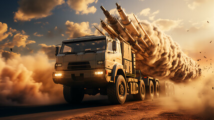 Wall Mural - missile fly from military trucks