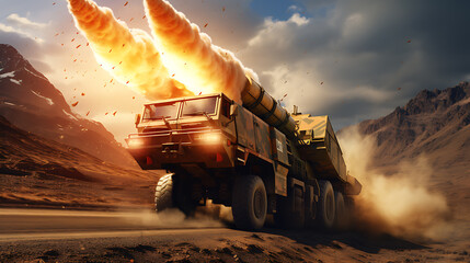 Wall Mural - missile fly from military trucks