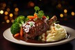 A mouthwatering food shot showcasing a bowl of tender lamb shank surrounded by a pool of rich, herbinfused gravy, paired with ery mashed potatoes and steamed vegetables, creating a wholesome