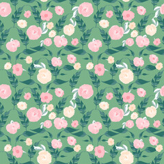 Wall Mural - Cottagecore seamlesss pattern with watercolor roses. Abstract floral seamless pattern. Bright colors, painting on a green background