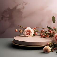 simple elegant round stone podium platform or pedestal with pink flower decoration on gradient stone texture background for product display, branding, identity and presentation