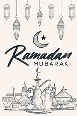 Poster - ramadan mubarak vertical banner with arabic ornament in hand drawn style