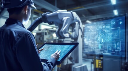 Wall Mural - A Industry engineer in factory using digital tablet with automated robot arm machine learning operation infographic system control monitoring on a blue background.