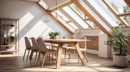 Wall Mural - A Minimalist interior design of a modern Dining table and chairs in a clear loft with wooden beams in the dining room, a room with morning sunlight streaming through the window.