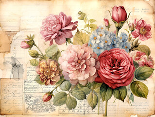Victorian botanical illustration of roses and peony flowers over receipt paper, handwritten letters and vintage stamps