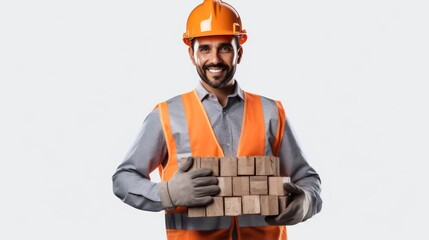 Wall Mural - A Construction, portrait of confident builder holding bricks for wall, construction and design industry, civil engineer and architect.