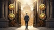 a businessman stands between two ornate Bitcoin doors, gazing upon a futuristic cityscape, evoking themes of opportunity and financial innovation
