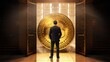 an individual stands in awe before a towering bitcoin emblem within a luxurious hall, evoking themes of wealth and digital currency's impact