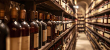 Dark Wine Shelf Row In A Wine Cellar