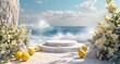 white marble podium with ocean wave splash and lemon fresh and bright theme product display and presentation background