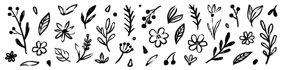 Flower doodle hand drawn line stroke. Sketch hand drawn spring floral plant, nature graphic leaf, scribble grunge brush texture. Vector simple flower, leaf brush stroke. Vector illustration