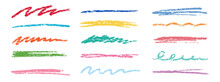 Crayon Brush Stroke Color Underline. Chalk Pen Highlight Stroke. Vector Hand Drawn Brush Underline Element Set For Accent, Crayon Texture Emphasis Element. Color Kid Chalk Vector Illustration