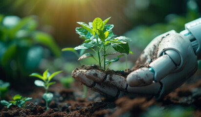 A robot hand holding a small plant. Generative AI