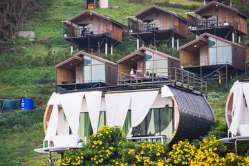 Chiang Mai, Thailand - January,05, 2024: Geodesic dome Tents and housing of Mon Mok Fa Resort, Mon Jam, Chiang Mai, Thailand.