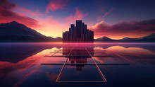 A Surreal 3D Rendering Where Neon Geometries Emerge From A Serene Lake Under A Twilight Sky