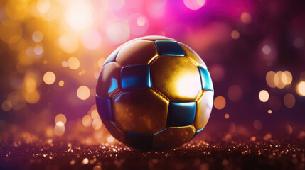 Wall Mural - A soccer ball with gold and blue panels against a background of shimmering, colorful light spots.