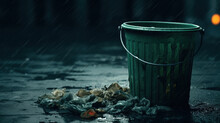 A Dramatic Scene Of A Green Trash Bin With Scattered Litter On A Rainy Night, Illustrating Urban Waste Issues.
