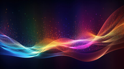 An abstract design of colorful light waves flowing across a dark background with sparkling particles.