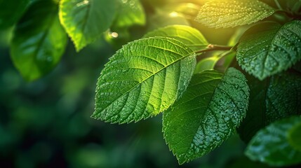 Wall Mural - Close-up of green leaves with blur forest background and dramatic sunlight.