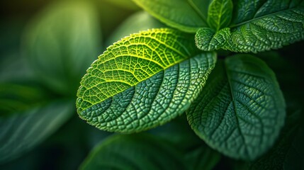 Wall Mural - Close-up of green leaves with blur forest background and dramatic sunlight.