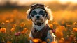 Adorable dog is wearing vintage aviator sunglasses, cute caboodle puppy in beautiful flower field with sunlight. Pet animal in costume joke message greeting card concept