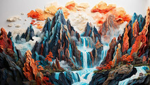 A Highly Huge Mountains With Beautiful Waterfalls, Trees For T Shirt Design