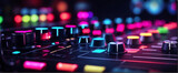 Fototapeta  - audio mixer console close up wallpaper with colourful light