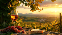 Wine And Cheese At Sunset In A Vineyard Is AI Generative.