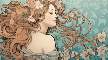 Wall Mural - art nouveau digital illustration with flowing lines floral motifs gracefully framing elegant figure