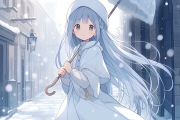 Wall Mural - Snowy day, long hair, 10-year-old girl, wearing a white long dress, warm expression, holding an umbrella, walking in the street of Japan, cozy atmosphere. animation-style illustration. generative AI