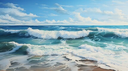 Wall Mural - Beautiful blue ocean waves on clean sandy beach background. Summer vacation illustration concept.