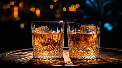 Two crystal whiskey glasses filled with ice, glowing warmly on a wooden tray in an ambient setting.